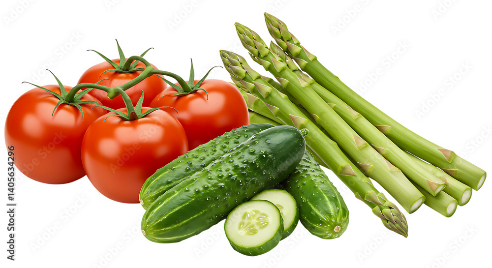 Fresh tomatoes, cucumbers, and asparagus placed neatly on a white background looking colorful, healthy, and perfect for salads, cooking, and kitchen recipes. Fresh tomatoes, cucumbers, and asparagus placed neatly on a white background looking colorful, healthy, and perfect for salads, cooking, and kitchen recipes.
