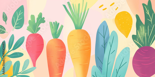 Obraz na płótnie Gradient Background with Stylized Beets, Carrots, and Leafy Greens
w salonie