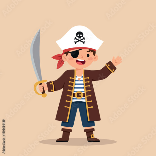Cheerful young pirate boy in a flat, colorful design, brandishing a sword and smiling joyfully, showcasing adventure and excitement in vector art