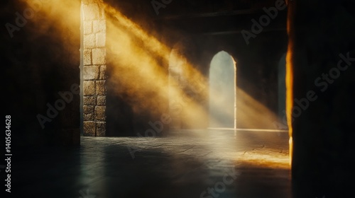 A dark room with a light shining through a doorway