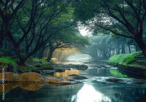 serene landscape of tranquil river flowing through lush forest, with soft light filtering
