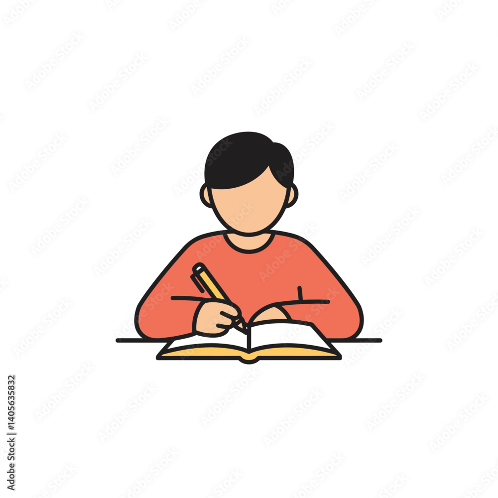 Student Studying with Notebook and Pen: A simple yet meaningful illustration depicting a student focused on their studies, diligently writing in a notebook with a pen. Student Studying with Notebook and Pen: A simple yet meaningful illustration depicting a student focused on their studies, diligently writing in a notebook with a pen.