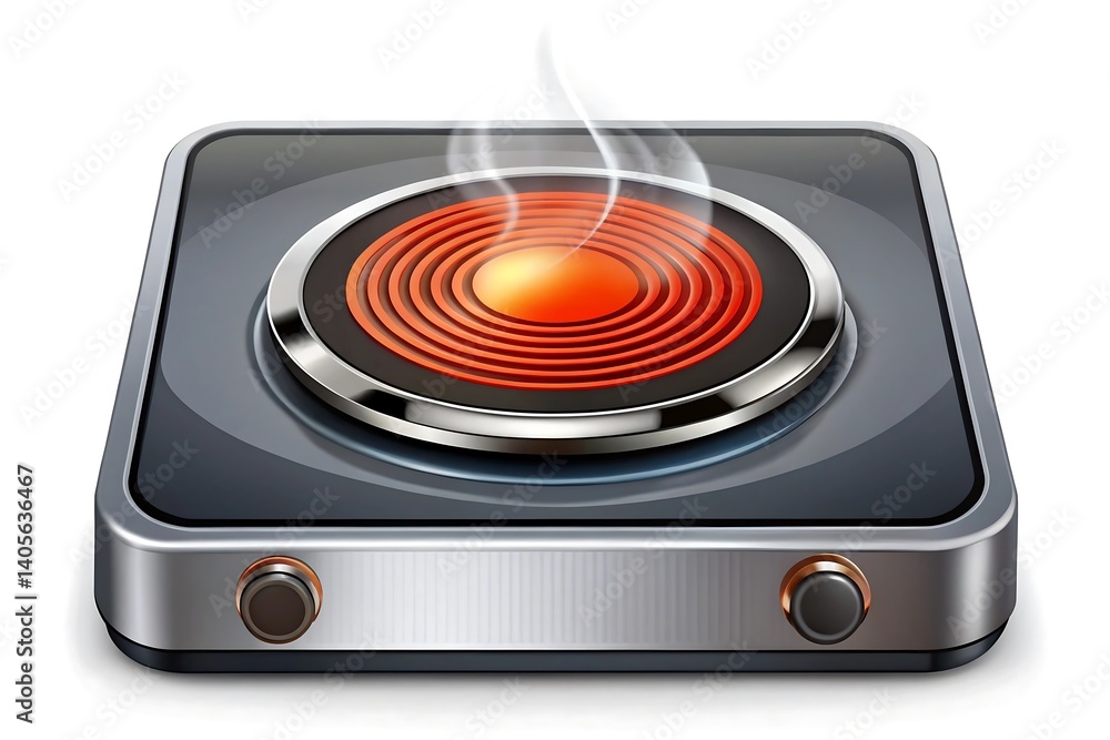 Fototapeta premium Isolated electric stove top with visible heating element and rising steam on a white background