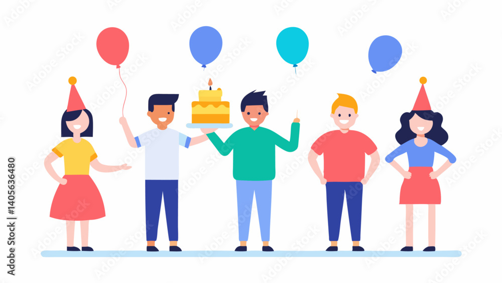 Fototapeta premium People celebrating a fun birthday party with cheerful characters standing in groups, enjoying the festive atmosphere and colorful decorations for a joyful event.