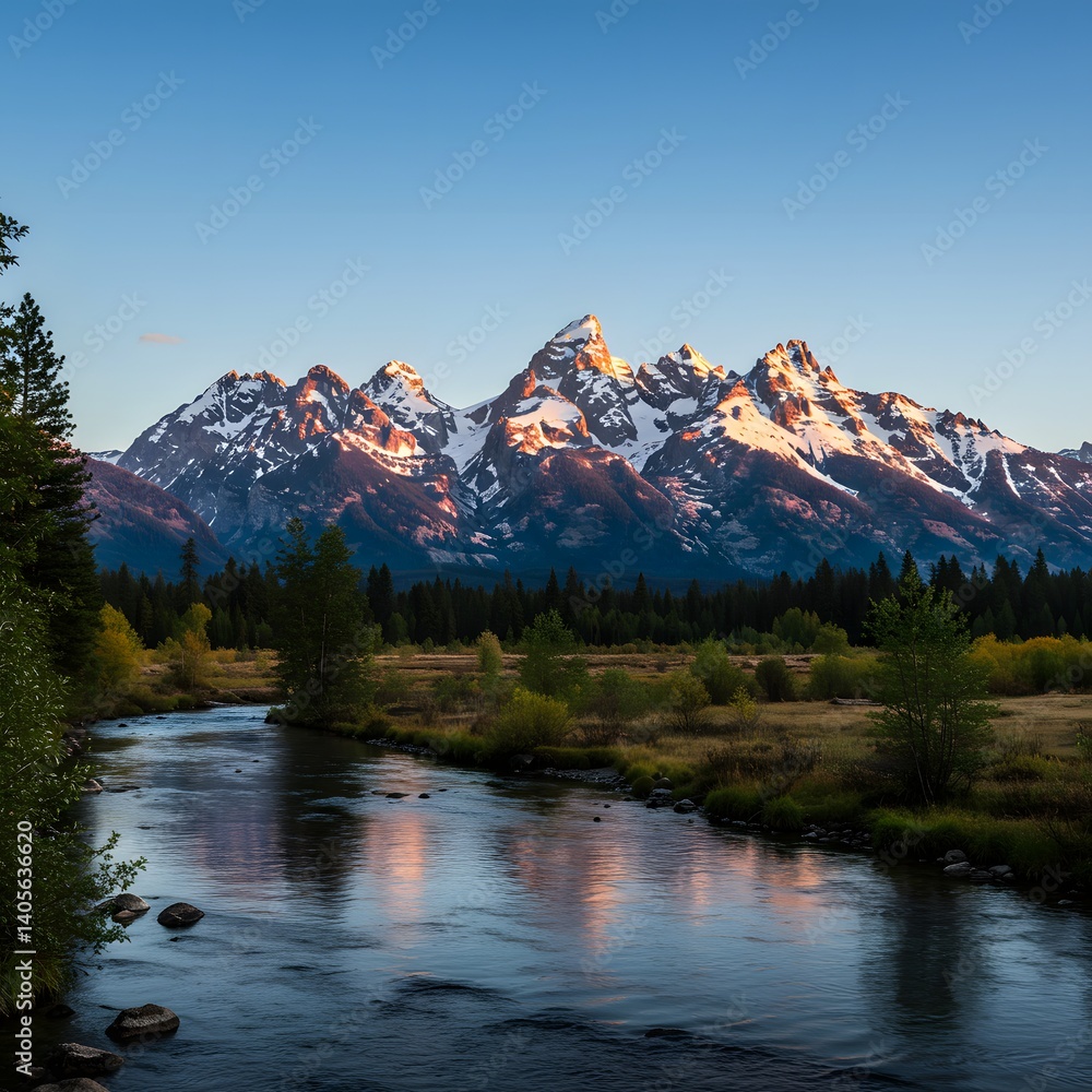 Autumn morning at a mountain lake with snow-capped peaks, surrounded by trees and reflecting the sky in New Zealand's scenic wilderness Autumn morning at a mountain lake with snow-capped peaks, surrounded by trees and reflecting the sky in New Zealand's scenic wilderness