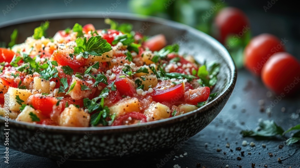 Colorful mixed vegetable salad with tomatoes, herbs, and cheese crumbles in a bowl Colorful mixed vegetable salad with tomatoes, herbs, and cheese crumbles in a bowl