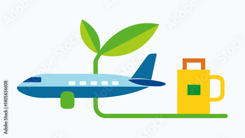 Illustrated sustainable aviation concept with aircraft powered by clean energy, great for environmental articles, tech innovation designs, and industry brochures