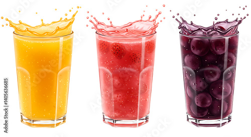 Three glasses filled with fresh fruit juices in orange, red, and purple colors placed neatly on a white background looking refreshing, vibrant, and healthy.
