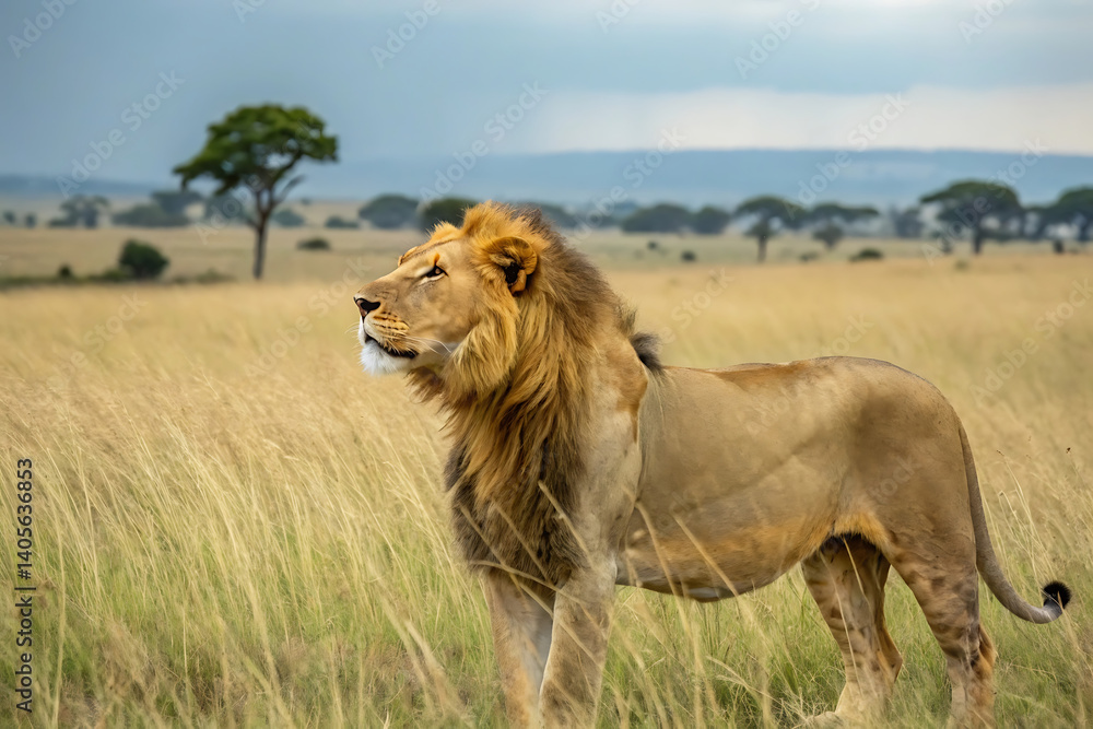Fototapeta premium Majestic Lion Illustration with Golden Mane and Powerful Stance in a Wild Savanna Setting