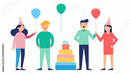 Joyful birthday celebration with cartoon people characters standing around, enjoying the event with balloons, party hats, and festive decorations in a lively setting.