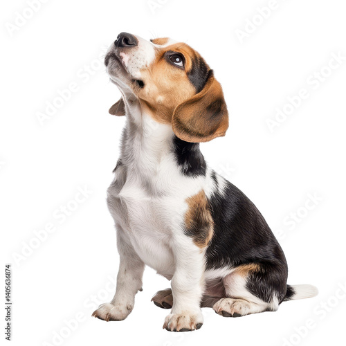 Adorable Beagle Puppy with Unique Coat Pattern Sitting Upright and Gazing Upward on White Background