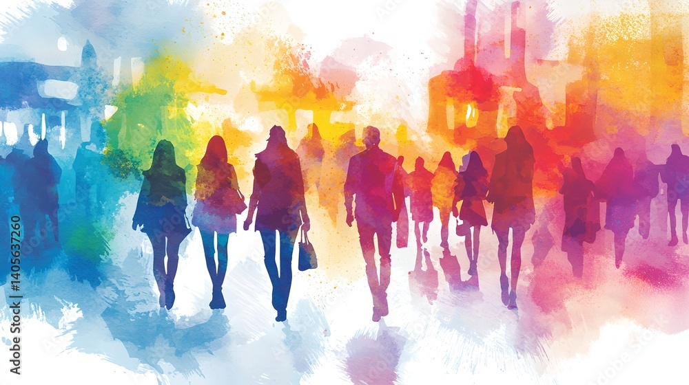 custom made wallpaper toronto digitalA group of people walking down a street with a colorful background