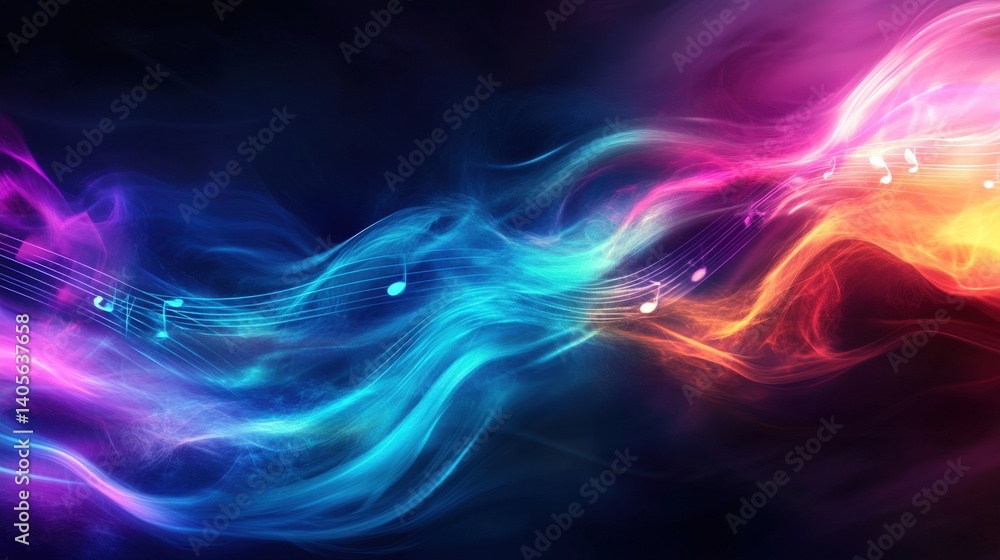 A smooth blend of blue and purple neon musical notes radiating from the center of the composition in a futuristic abstract style