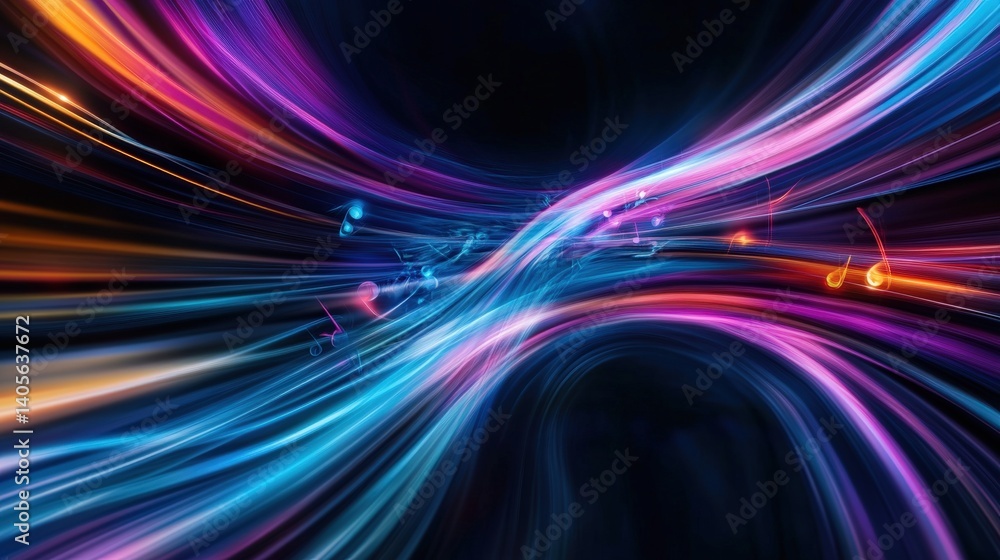 A smooth blend of blue and purple neon musical notes radiating from the center of the composition in a futuristic abstract style