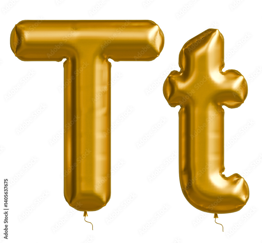Golden balloons in shape of English letters T uppercase and lowercase. concept of design postcards, educational materials, celebrations, birthdays, anniversaries, and special events. 3D illustration Golden balloons in shape of English letters T uppercase and lowercase. concept of design postcards, educational materials, celebrations, birthdays, anniversaries, and special events. 3D illustration