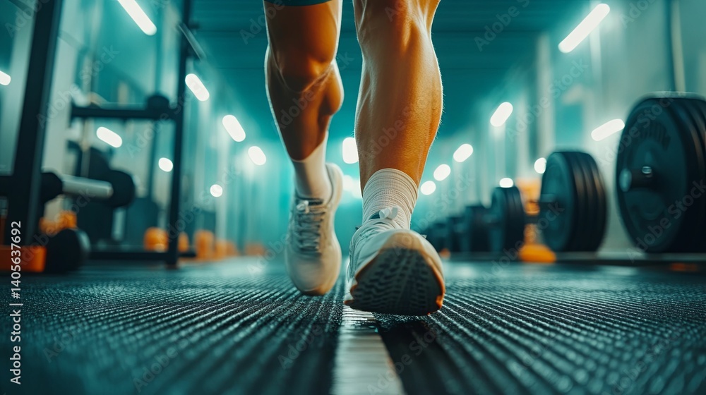 Fototapeta premium A close-up view of feet walking on a gym floor.