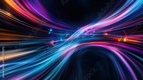 Obraz na płótnie A smooth blend of blue and purple neon musical notes radiating from the center of the composition in a futuristic abstract style w salonie
