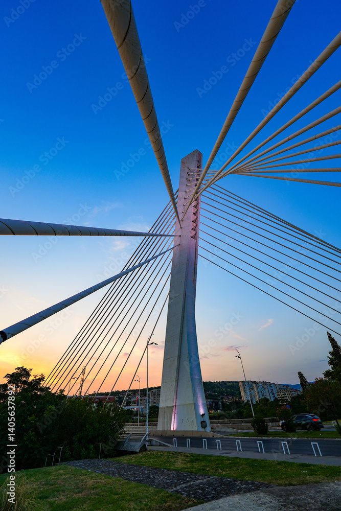 Millenium Bridge (Most Milenijum), a cable-stayed bridge that spans the Moraca river in Podgorica, the capital city of Montenegro in the Balkans