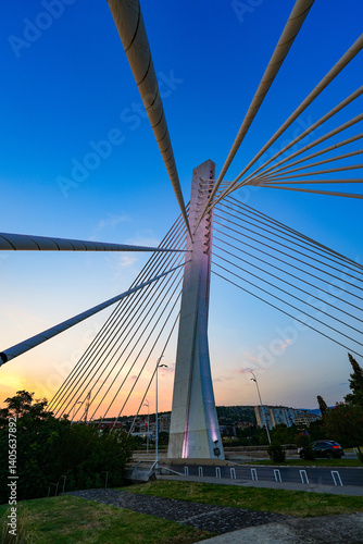 Obraz na płótnie Millenium Bridge (Most Milenijum), a cable-stayed bridge that spans the Moraca river in Podgorica, the capital city of Montenegro in the Balkans w salonie