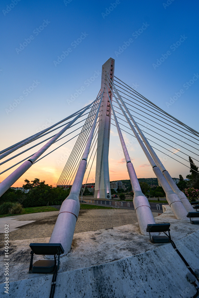 Millenium Bridge (Most Milenijum), a cable-stayed bridge that spans the Moraca river in Podgorica, the capital city of Montenegro in the Balkans