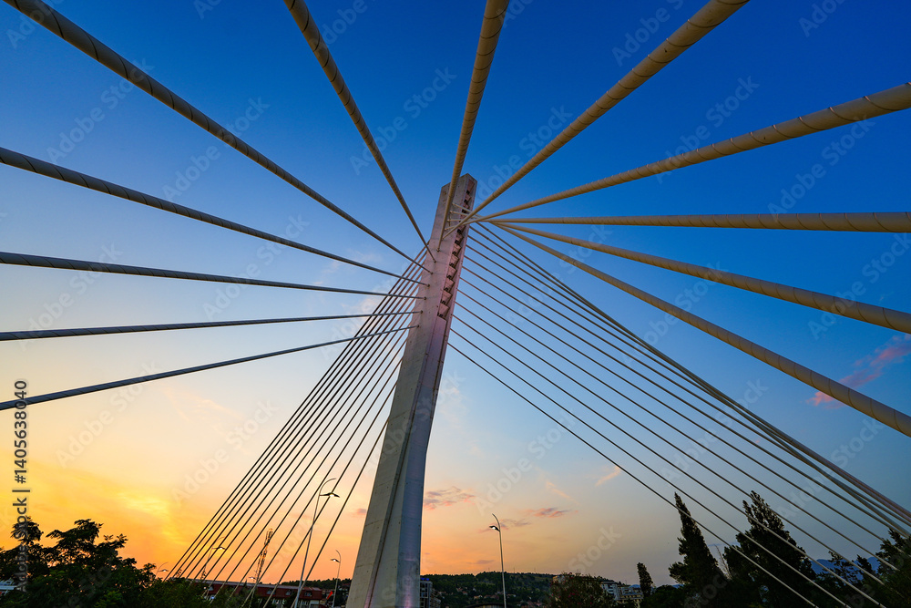 Millenium Bridge (Most Milenijum), a cable-stayed bridge that spans the Moraca river in Podgorica, the capital city of Montenegro in the Balkans