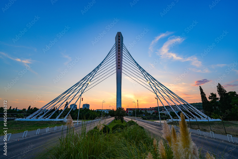 Millenium Bridge (Most Milenijum), a cable-stayed bridge that spans the Moraca river in Podgorica, the capital city of Montenegro in the Balkans
