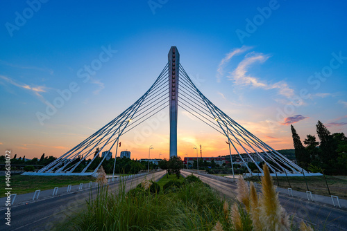 Obraz na płótnie Millenium Bridge (Most Milenijum), a cable-stayed bridge that spans the Moraca river in Podgorica, the capital city of Montenegro in the Balkans w salonie