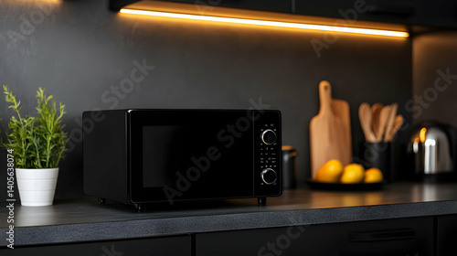 Modern kitchen with an advanced microwave oven highlighting innovative design and functionality at early evening