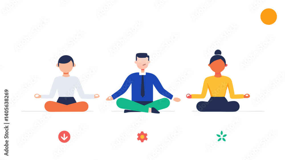Business characters practicing stress management techniques in a professional setting, ideal for corporate wellness campaigns, training, and office visuals Business characters practicing stress management techniques in a professional setting, ideal for corporate wellness campaigns, training, and office visuals