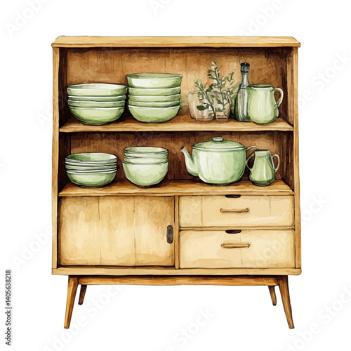 Wooden Sideboard With Elegant Dinnerware, watercolor vector, isolated on a white background.