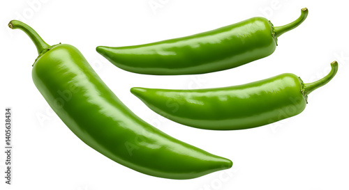 Fresh green chili peppers placed on a white background looking spicy, vibrant, and perfect for cooking, seasoning, and adding heat to meals and dishes.