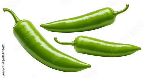 Three fresh green chili peppers placed neatly on a white background looking shiny, spicy, and perfect for seasoning, spicy recipes, and hot culinary dishes.