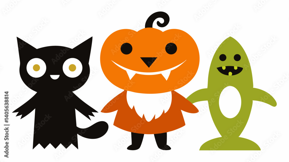 Retro Halloween characters in cartoon comic style featuring a black cat and spooky costumes, perfect for festive holiday themes and creative seasonal designs.