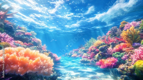 Fototapeta Naklejka Na Ścianę i Meble -  A breathtaking underwater scene showcasing a vibrant coral reef teeming with colorful fish and corals Perfect for travel brochures or marine life documentaries