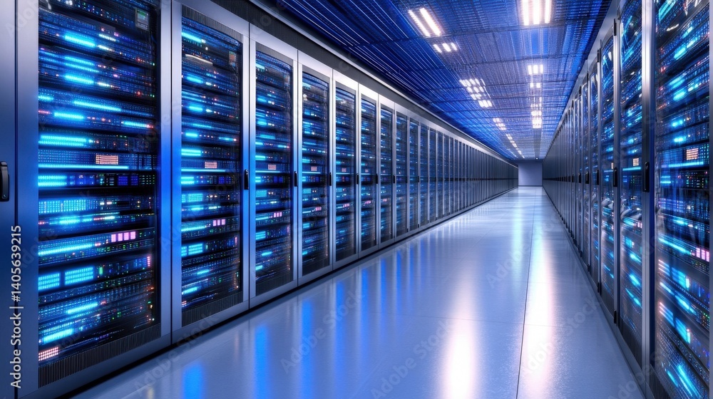 A sophisticated server rack-inspired abstract with parallel glowing blue lights extending into the distance