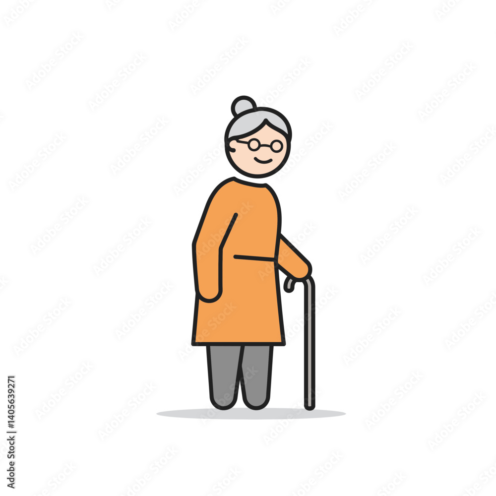 Elderly Woman with Cane: A simple line art illustration of an elderly woman with a cane, exuding quiet dignity and resilience. Elderly Woman with Cane: A simple line art illustration of an elderly woman with a cane, exuding quiet dignity and resilience.