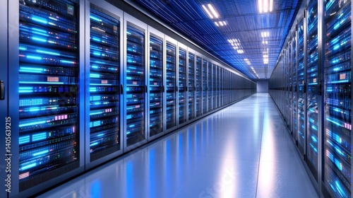 Obraz na płótnie A sophisticated server rack-inspired abstract with parallel glowing blue lights extending into the distance w salonie
