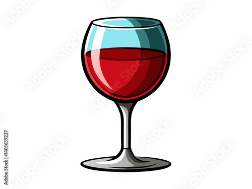 A high-quality vector illustration of an elegant red wine glass with long stem, half-filled, isolated on a white background, classy and refined