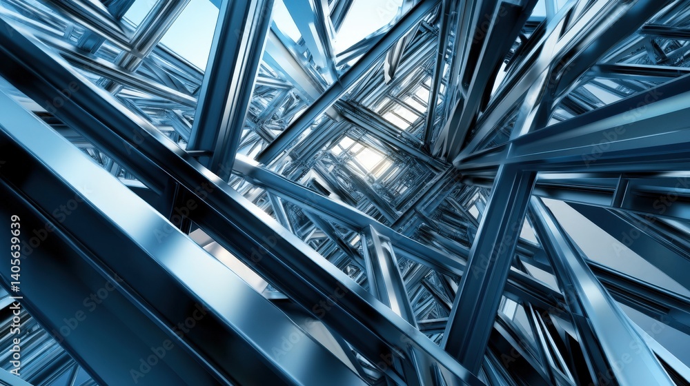 A sophisticated steel framework of an industrial construction site, forming a dynamic and modern abstract perspective