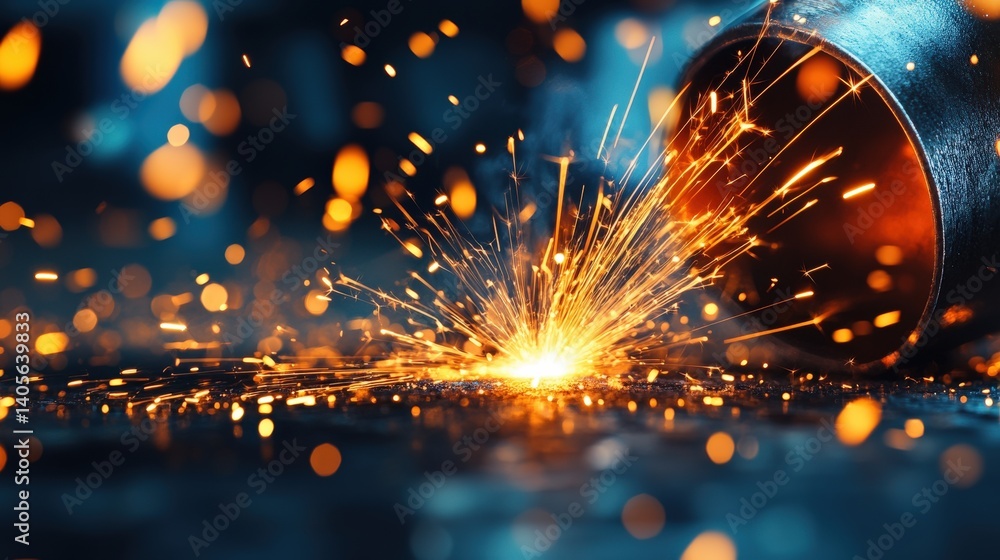A stunning abstract of welding sparks captured in slow motion, resembling golden fireflies in a deep blue workshop, with copy space