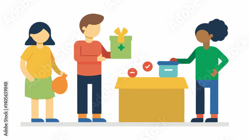Illustration of people characters donating for charity with volunteer workers helping and organizing the donation drive in a supportive and caring environment.
