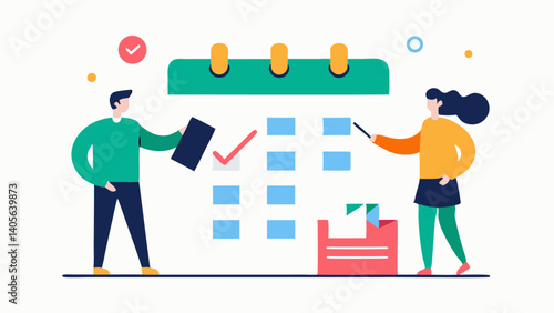 Illustration of characters planning schedules and writing notes, managing time effectively and organizing tasks for productivity and personal goal achievement.