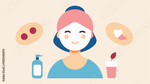 Illustrated skincare set showing girls using self-care and beauty products, designed for cosmetic branding, wellness marketing, or editorial health content