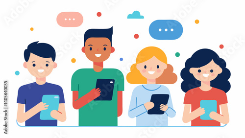Modern lifestyle illustration of young people using smartphones and browsing social media together, reflecting digital connectivity and online engagement