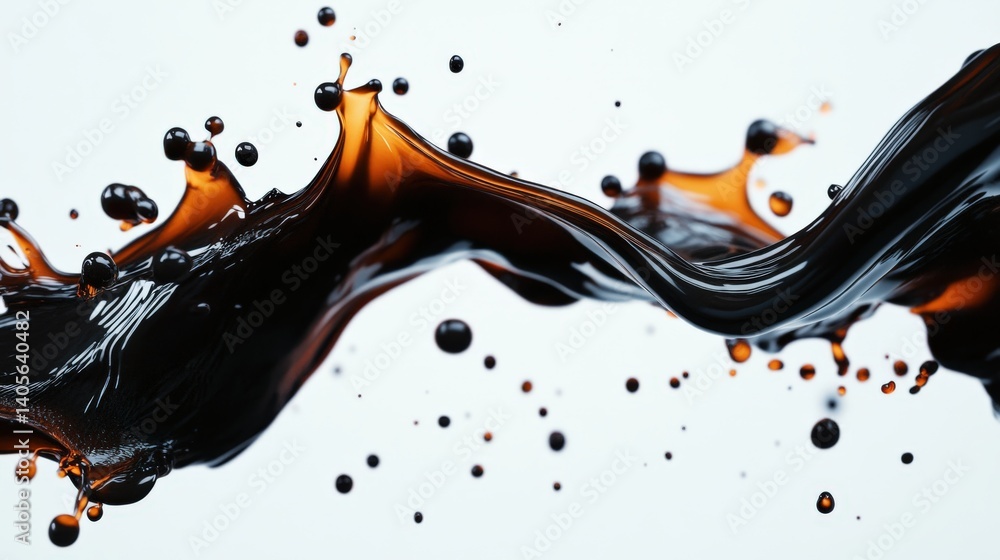 A stunning industrial abstract of black crude oil splashing in slow motion, creating an artistic and powerful visual, with copy space