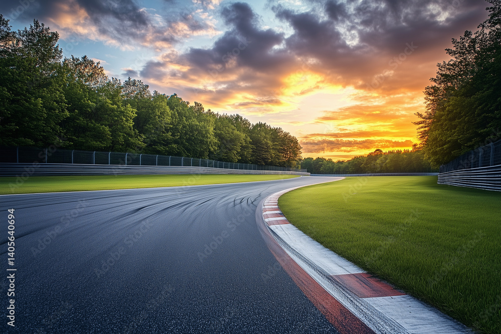 Naklejka premium Curving Race Track into Sunset – Scenic Motorsport Landscape with Vibrant Colors