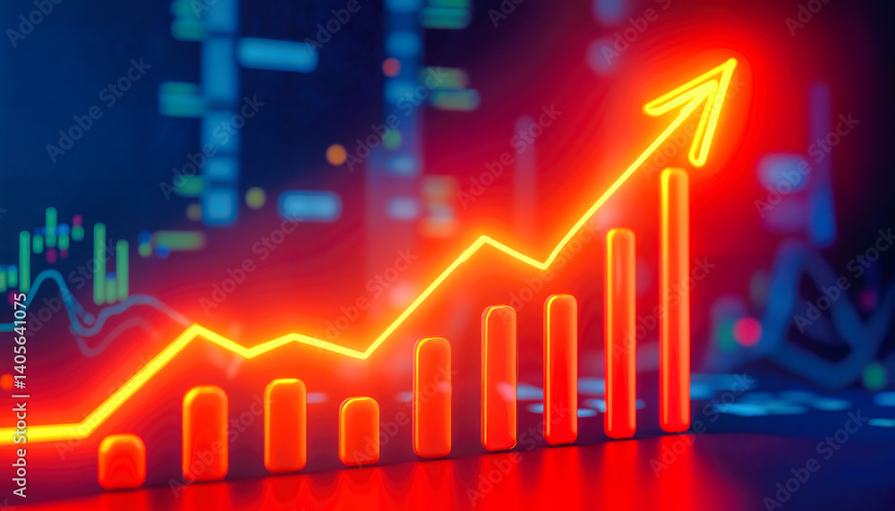 Neon orange growth chart with upward trend line and ascending bar graph on red blue background. Financial data visualization with rising economic indicators, market analysis metrics and investment Neon orange growth chart with upward trend line and ascending bar graph on red blue background. Financial data visualization with rising economic indicators, market analysis metrics and investment