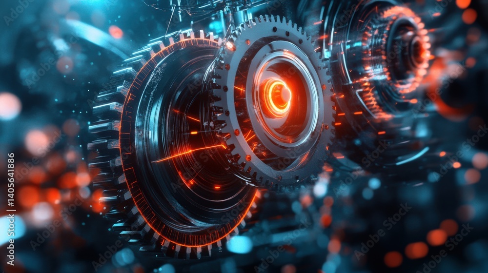 Obraz premium A surreal industrial network of interconnected mechanical gears and glowing power lines forming a futuristic theme