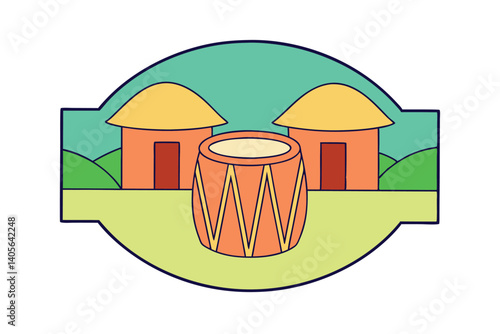 Colorful African Village Illustration With Traditional Drum And Simple Geometric Huts