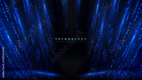 Futuristic Technology Background with Blue Digital Lines, Stage with Backdrop Showing Data Transmission. Vector Illustration.